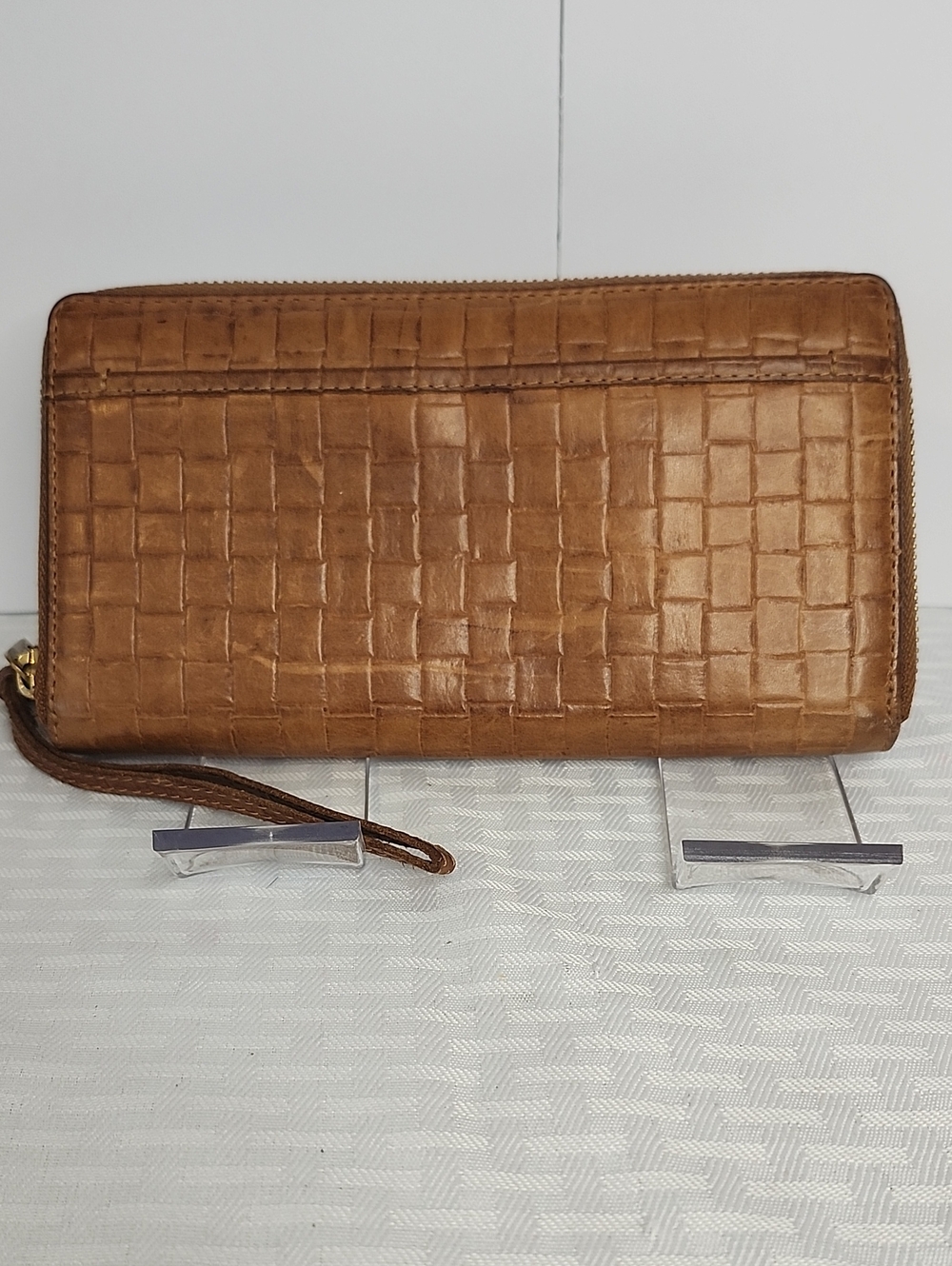 Margot Wristlet Clutch Woven Leather Design Cognac Brown